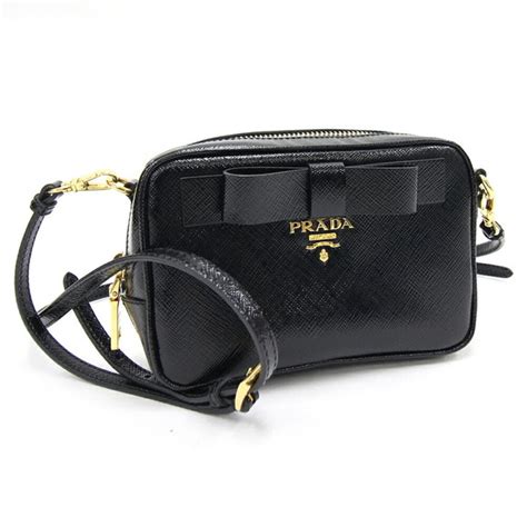 Prada Shoulder Bag 1N1674 Black Leather Pochette Ribbon